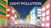 cartoon image of boy amidst brightly lit buildings, illustrating light pollution
