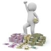 cartoon human triumphantly standing on money